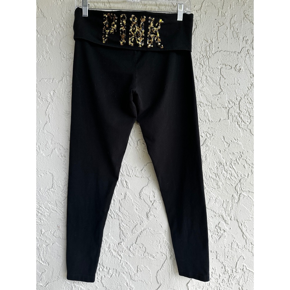 Victoria Secret PINK Y2K Yoga Leggings Sequin Leopard Logo Foldover Waist Medium